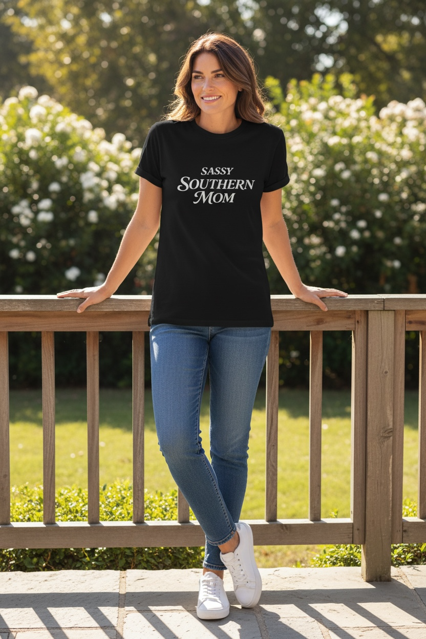 My Store Sassy Southern Mom graphic t-shirt in black cotton with white script font.